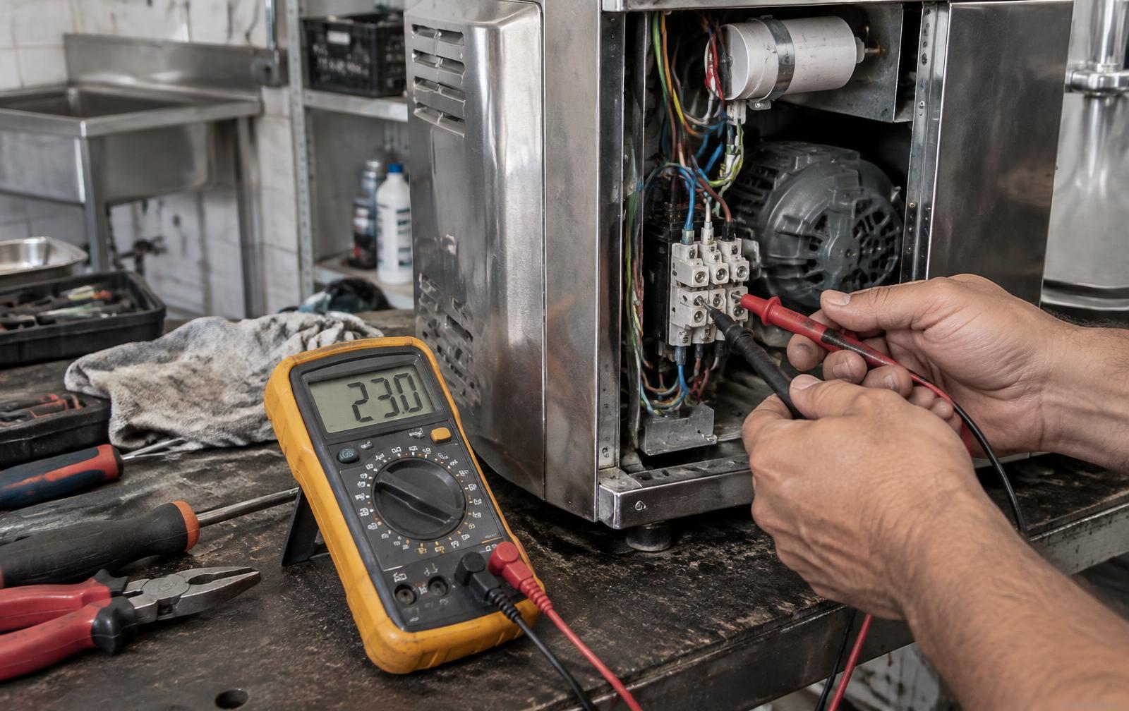 Imagem ilustrativa de diagnóstico elétrico com multímetro em equipamento profissional